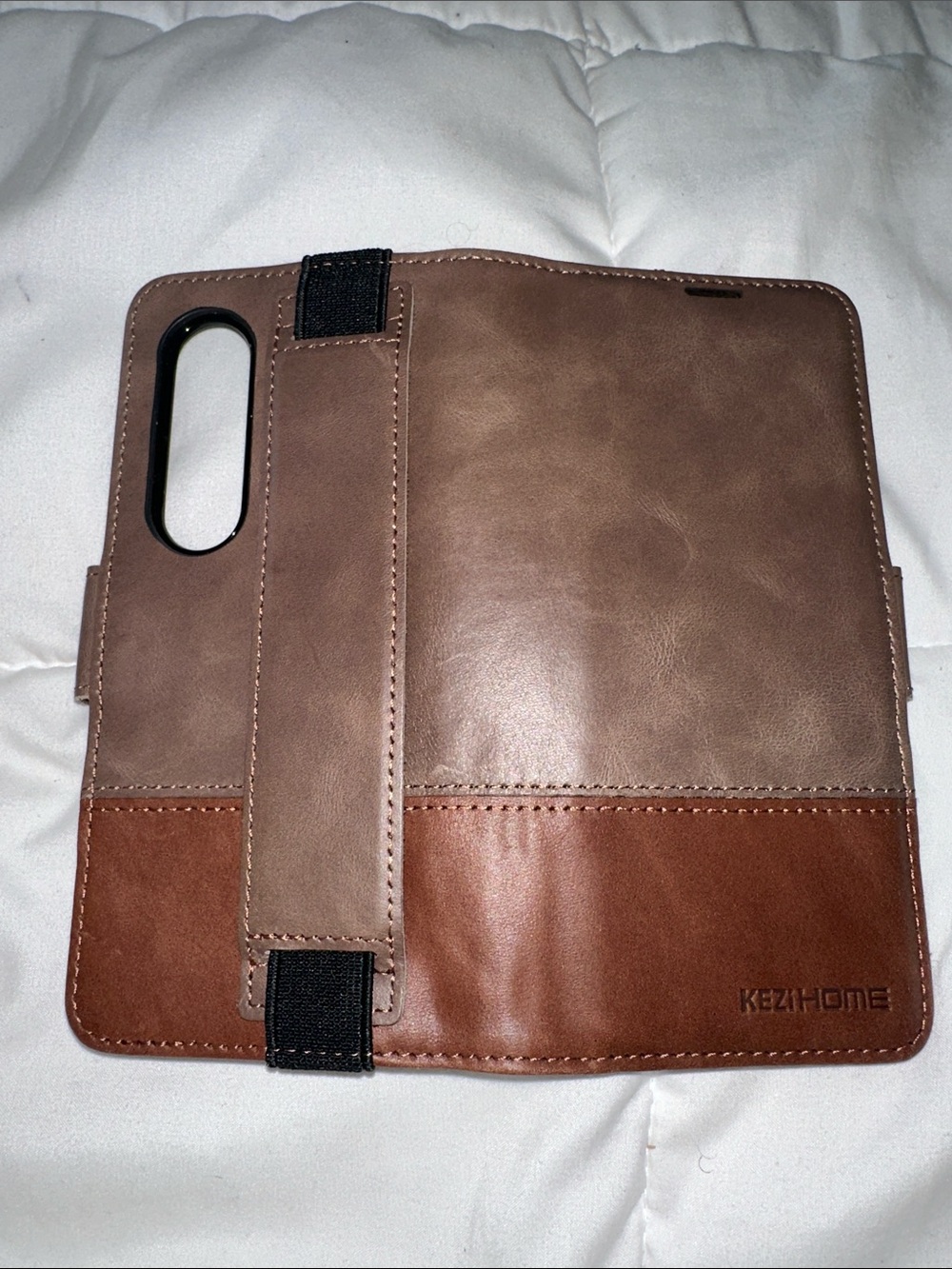 KEZHIONE Brown Two-Tone Leather Folio Phone Case